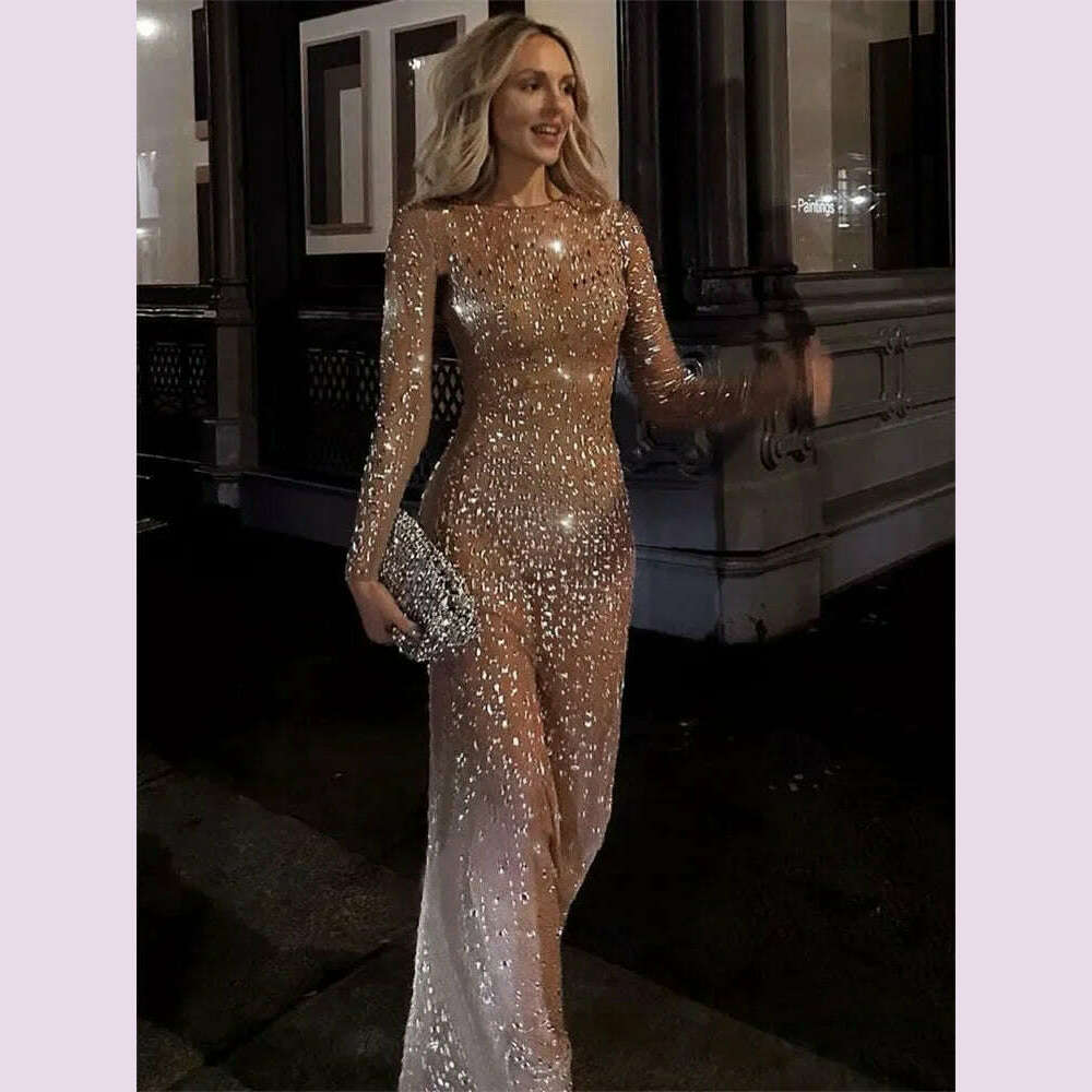 Glitter Female Cover up Maxi Dress Mesh See-Through Split Fashion Long Sleeve Slim Sexy Beach Cover up Dress For Women New