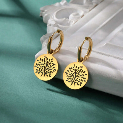 Gold Plated Tree of Life Rond Dangle Hoop Earrings for Women Stainless Steel Luxury Charm Trend Female Earring Jewelry Gifts