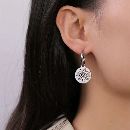 Gold Plated Tree of Life Rond Dangle Hoop Earrings for Women Stainless Steel Luxury Charm Trend Female Earring Jewelry Gifts