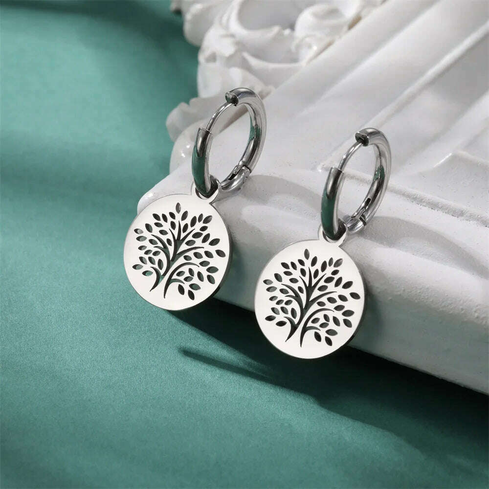 Gold Plated Tree of Life Rond Dangle Hoop Earrings for Women Stainless Steel Luxury Charm Trend Female Earring Jewelry Gifts