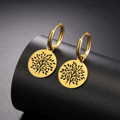 Gold Plated Tree of Life Rond Dangle Hoop Earrings for Women Stainless Steel Luxury Charm Trend Female Earring Jewelry Gifts