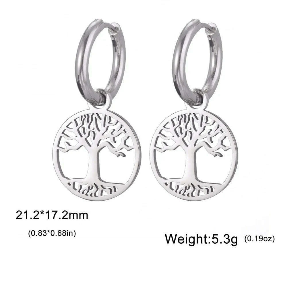 Gold Plated Tree of Life Rond Dangle Hoop Earrings for Women Stainless Steel Luxury Charm Trend Female Earring Jewelry Gifts