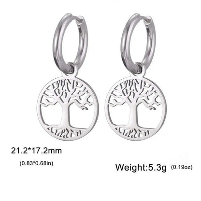 Gold Plated Tree of Life Rond Dangle Hoop Earrings for Women Stainless Steel Luxury Charm Trend Female Earring Jewelry Gifts