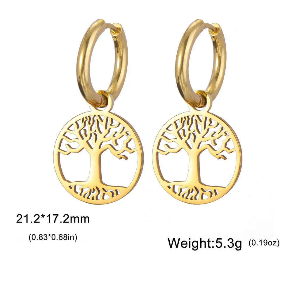 Gold Plated Tree of Life Rond Dangle Hoop Earrings for Women Stainless Steel Luxury Charm Trend Female Earring Jewelry Gifts
