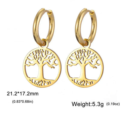 Gold Plated Tree of Life Rond Dangle Hoop Earrings for Women Stainless Steel Luxury Charm Trend Female Earring Jewelry Gifts