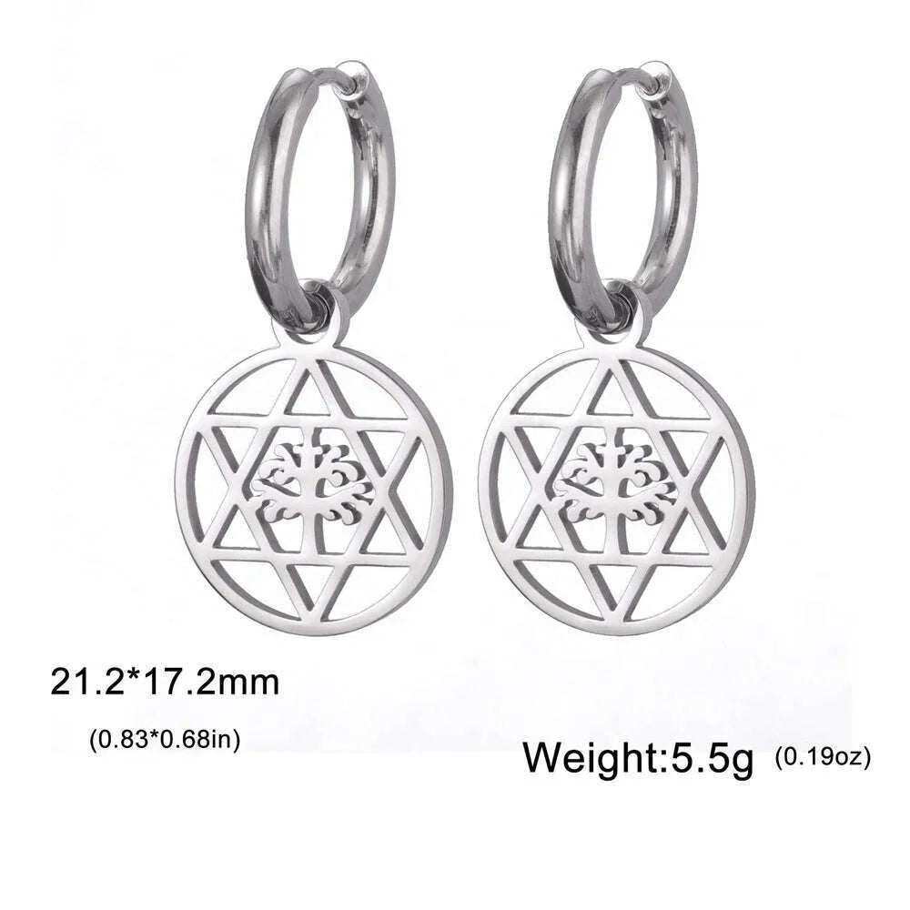 Gold Plated Tree of Life Rond Dangle Hoop Earrings for Women Stainless Steel Luxury Charm Trend Female Earring Jewelry Gifts