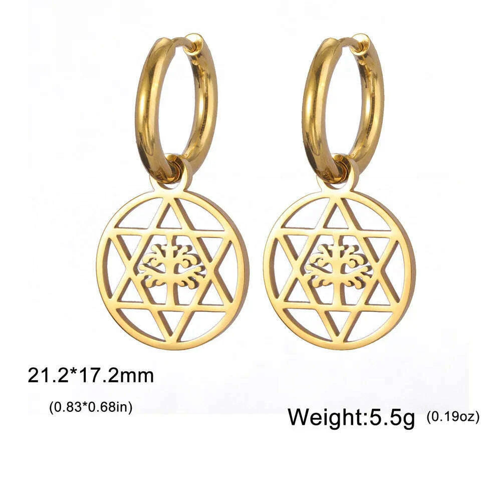 Gold Plated Tree of Life Rond Dangle Hoop Earrings for Women Stainless Steel Luxury Charm Trend Female Earring Jewelry Gifts