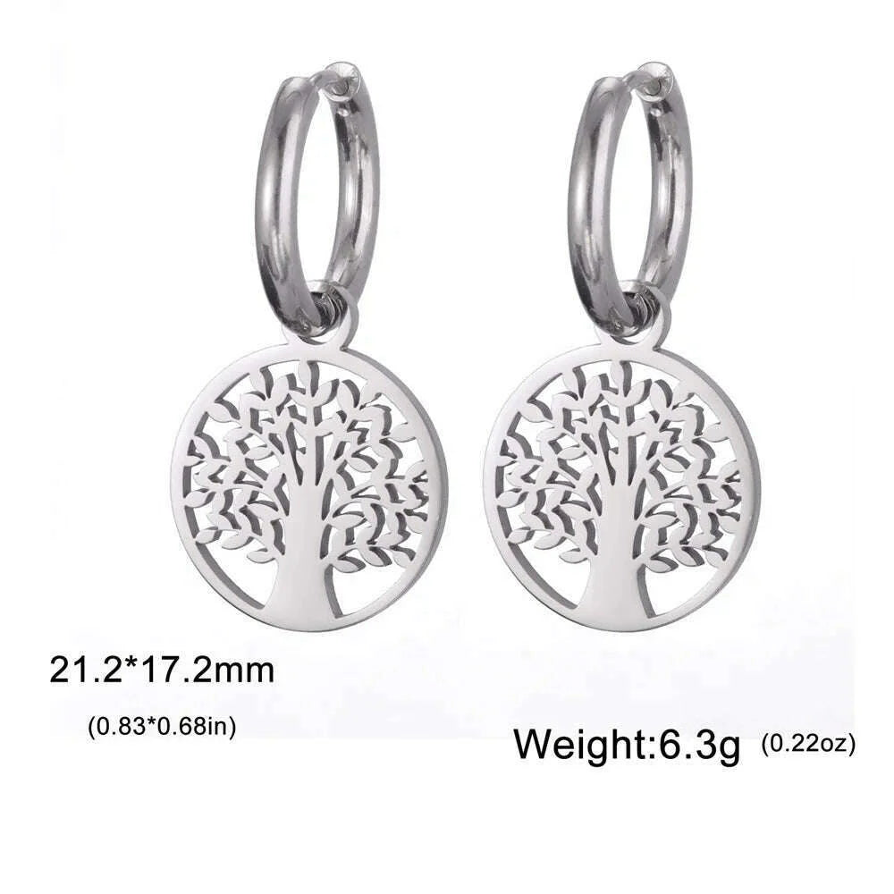 Gold Plated Tree of Life Rond Dangle Hoop Earrings for Women Stainless Steel Luxury Charm Trend Female Earring Jewelry Gifts