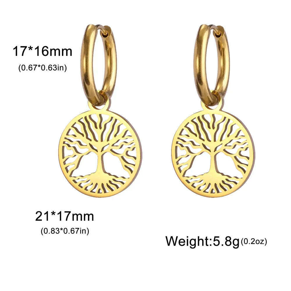 Gold Plated Tree of Life Rond Dangle Hoop Earrings for Women Stainless Steel Luxury Charm Trend Female Earring Jewelry Gifts