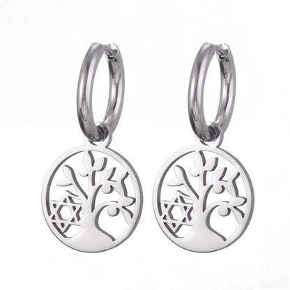 Gold Plated Tree of Life Rond Dangle Hoop Earrings for Women Stainless Steel Luxury Charm Trend Female Earring Jewelry Gifts