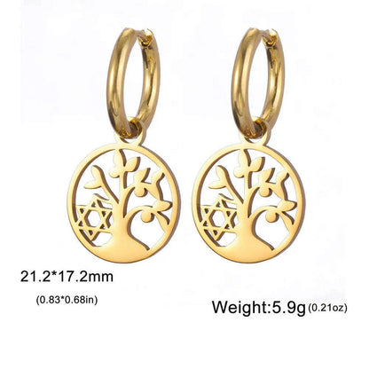 Gold Plated Tree of Life Rond Dangle Hoop Earrings for Women Stainless Steel Luxury Charm Trend Female Earring Jewelry Gifts