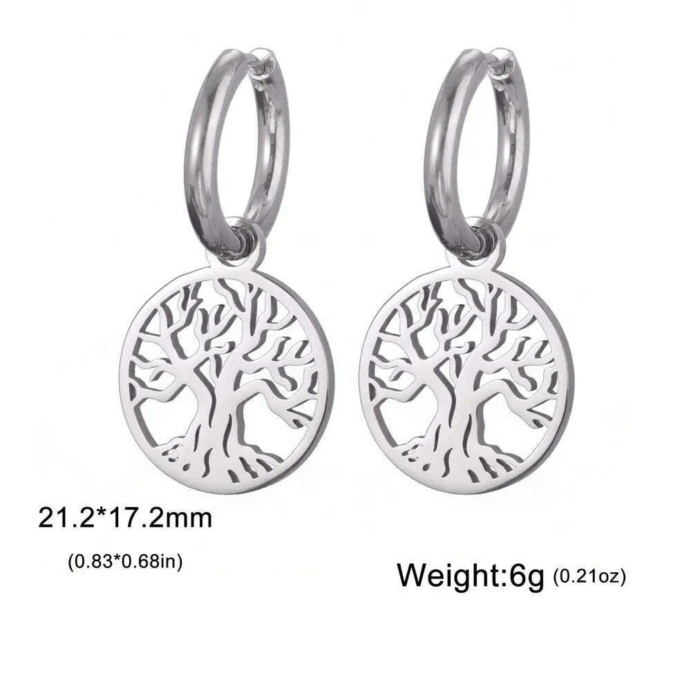 Gold Plated Tree of Life Rond Dangle Hoop Earrings for Women Stainless Steel Luxury Charm Trend Female Earring Jewelry Gifts