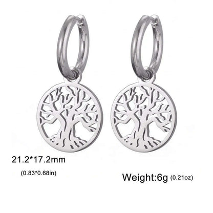 Gold Plated Tree of Life Rond Dangle Hoop Earrings for Women Stainless Steel Luxury Charm Trend Female Earring Jewelry Gifts