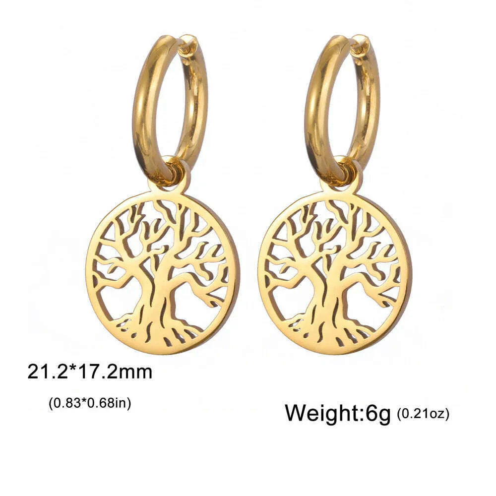 Gold Plated Tree of Life Rond Dangle Hoop Earrings for Women Stainless Steel Luxury Charm Trend Female Earring Jewelry Gifts