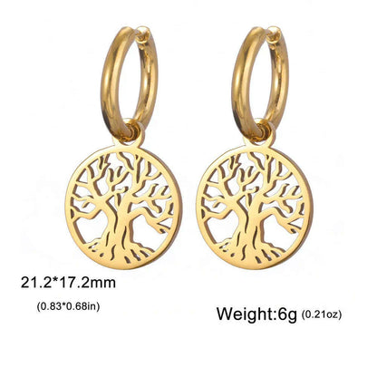 Gold Plated Tree of Life Rond Dangle Hoop Earrings for Women Stainless Steel Luxury Charm Trend Female Earring Jewelry Gifts