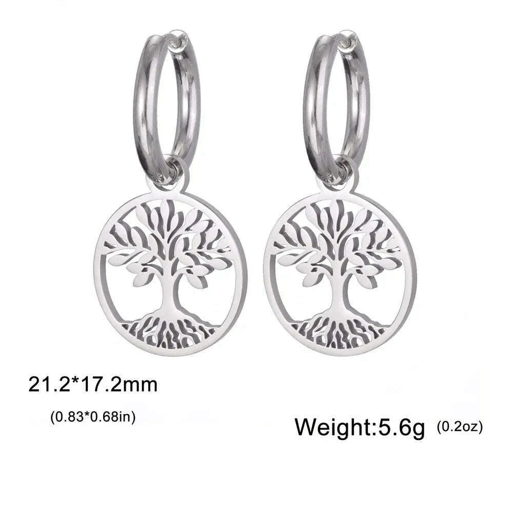 Gold Plated Tree of Life Rond Dangle Hoop Earrings for Women Stainless Steel Luxury Charm Trend Female Earring Jewelry Gifts