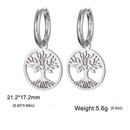 Gold Plated Tree of Life Rond Dangle Hoop Earrings for Women Stainless Steel Luxury Charm Trend Female Earring Jewelry Gifts