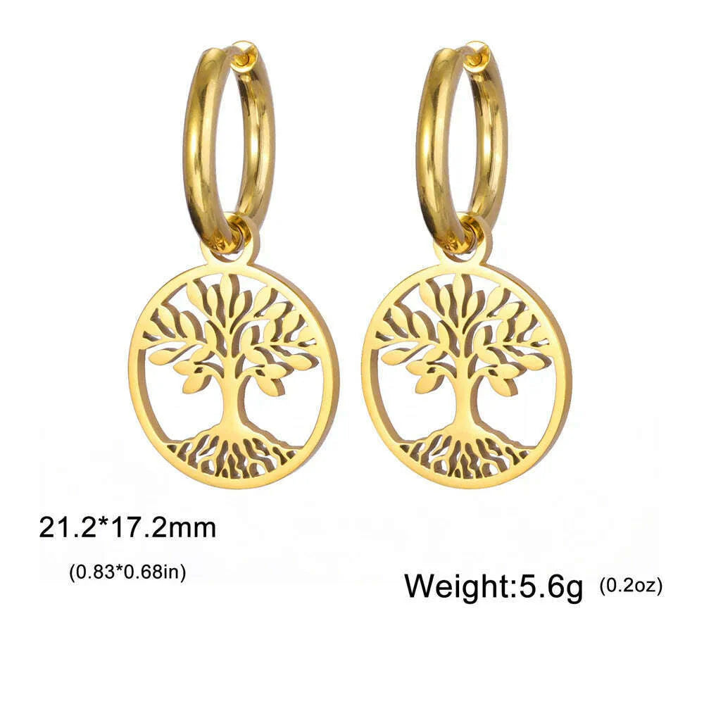 Gold Plated Tree of Life Rond Dangle Hoop Earrings for Women Stainless Steel Luxury Charm Trend Female Earring Jewelry Gifts