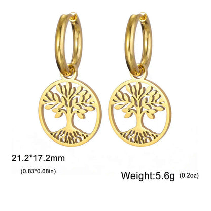 Gold Plated Tree of Life Rond Dangle Hoop Earrings for Women Stainless Steel Luxury Charm Trend Female Earring Jewelry Gifts