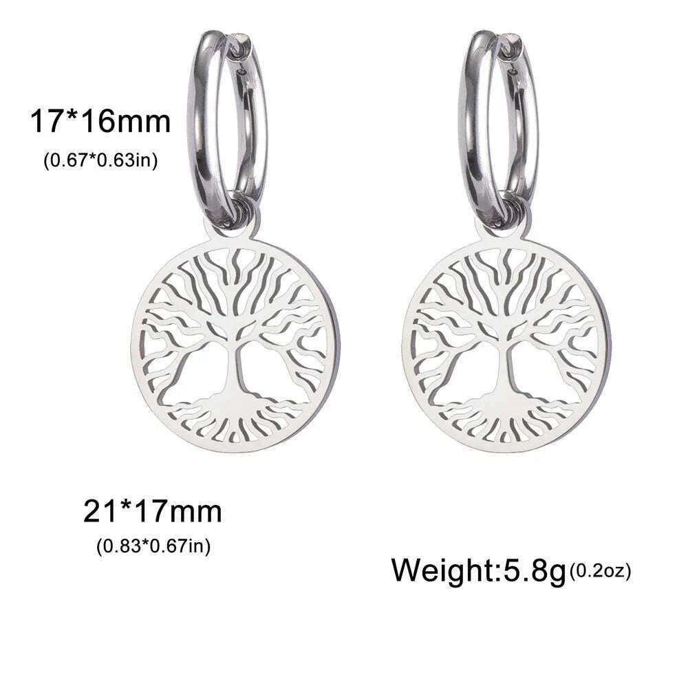 Gold Plated Tree of Life Rond Dangle Hoop Earrings for Women Stainless Steel Luxury Charm Trend Female Earring Jewelry Gifts