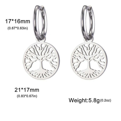 Gold Plated Tree of Life Rond Dangle Hoop Earrings for Women Stainless Steel Luxury Charm Trend Female Earring Jewelry Gifts