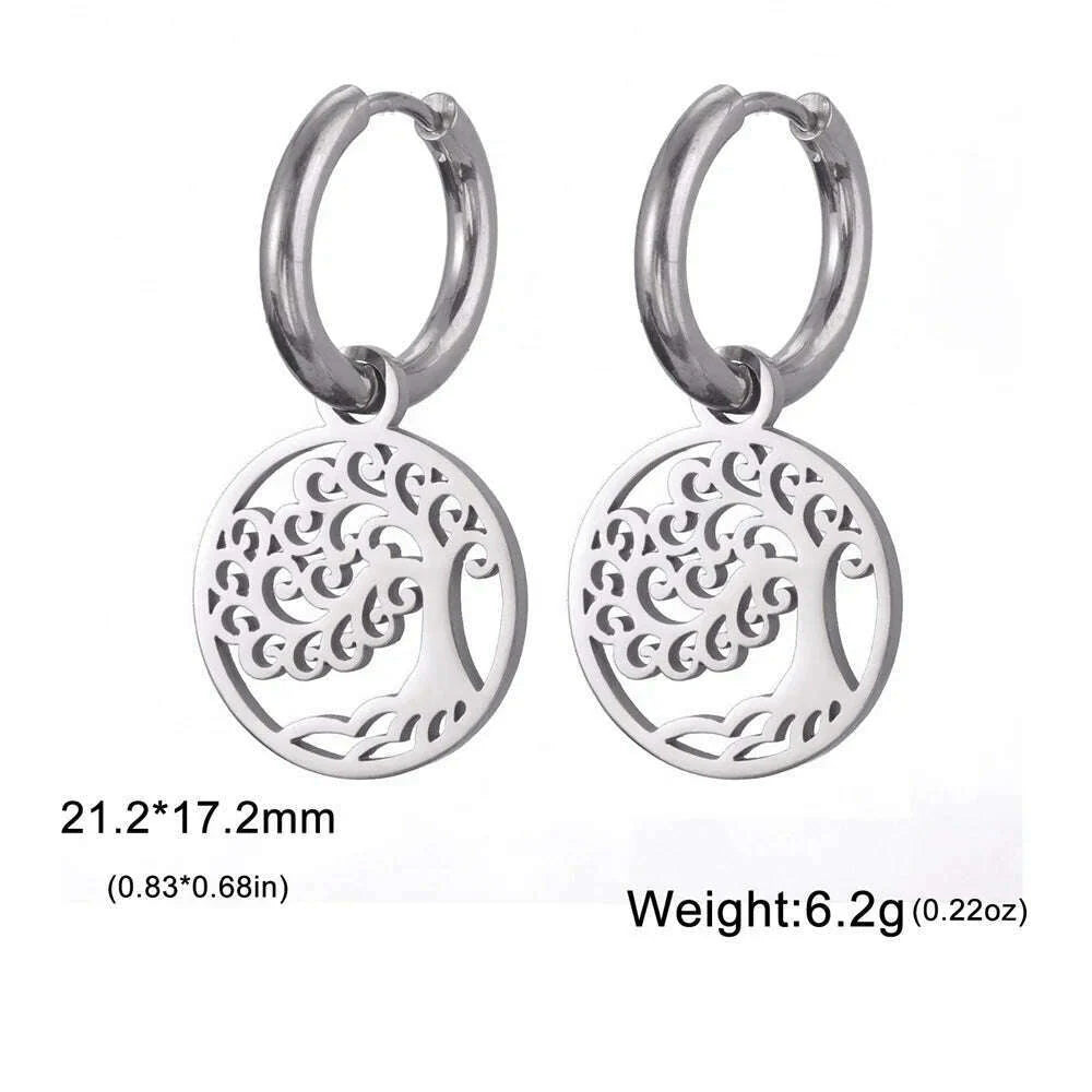 Gold Plated Tree of Life Rond Dangle Hoop Earrings for Women Stainless Steel Luxury Charm Trend Female Earring Jewelry Gifts