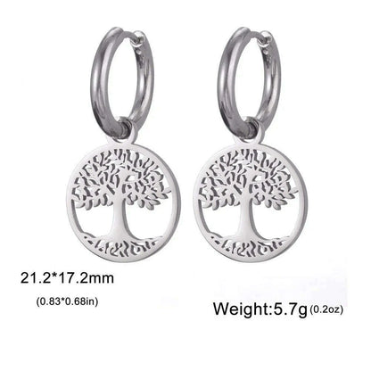 Gold Plated Tree of Life Rond Dangle Hoop Earrings for Women Stainless Steel Luxury Charm Trend Female Earring Jewelry Gifts