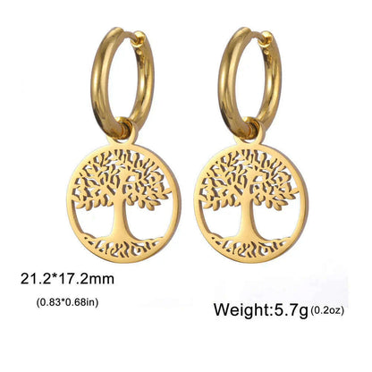 Gold Plated Tree of Life Rond Dangle Hoop Earrings for Women Stainless Steel Luxury Charm Trend Female Earring Jewelry Gifts