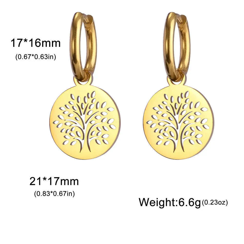 Gold Plated Tree of Life Rond Dangle Hoop Earrings for Women Stainless Steel Luxury Charm Trend Female Earring Jewelry Gifts