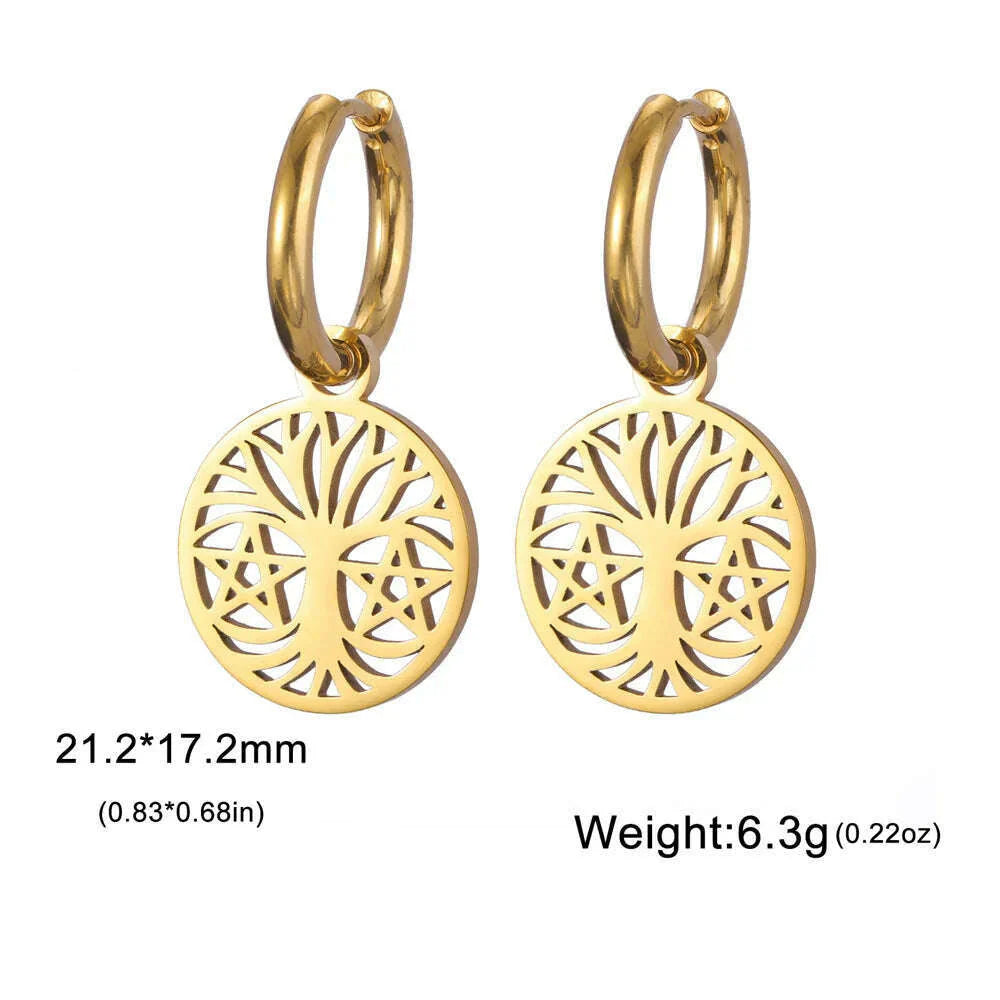 Gold Plated Tree of Life Rond Dangle Hoop Earrings for Women Stainless Steel Luxury Charm Trend Female Earring Jewelry Gifts
