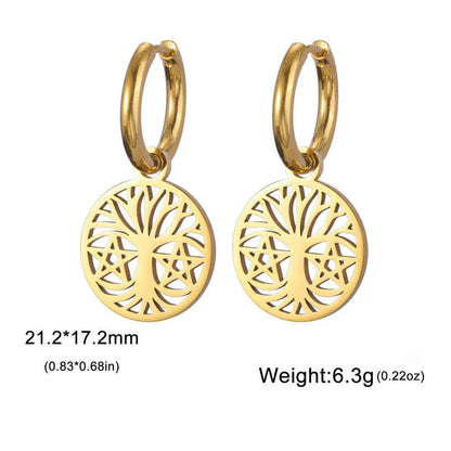 Gold Plated Tree of Life Rond Dangle Hoop Earrings for Women Stainless Steel Luxury Charm Trend Female Earring Jewelry Gifts