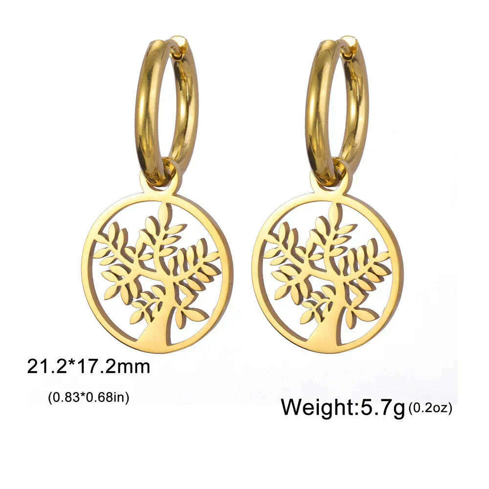Gold Plated Tree of Life Rond Dangle Hoop Earrings for Women Stainless Steel Luxury Charm Trend Female Earring Jewelry Gifts