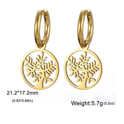 Gold Plated Tree of Life Rond Dangle Hoop Earrings for Women Stainless Steel Luxury Charm Trend Female Earring Jewelry Gifts