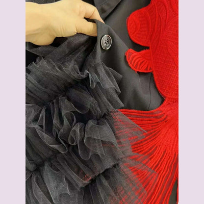 Goldfish Embroidery Mesh Spliced Ruffles Shawl Blazer Coat OL Turn Down Collar Gauze Pleated Suit Jacket Irregular Cardigan Tops