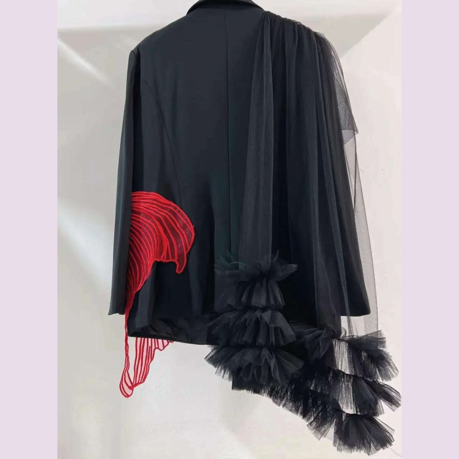 Goldfish Embroidery Mesh Spliced Ruffles Shawl Blazer Coat OL Turn Down Collar Gauze Pleated Suit Jacket Irregular Cardigan Tops