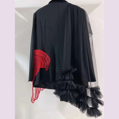 Goldfish Embroidery Mesh Spliced Ruffles Shawl Blazer Coat OL Turn Down Collar Gauze Pleated Suit Jacket Irregular Cardigan Tops