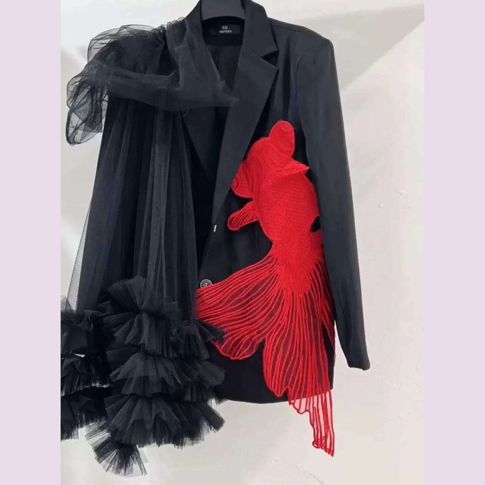 Goldfish Embroidery Mesh Spliced Ruffles Shawl Blazer Coat OL Turn Down Collar Gauze Pleated Suit Jacket Irregular Cardigan Tops