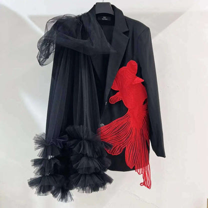 Goldfish Embroidery Mesh Spliced Ruffles Shawl Blazer Coat OL Turn Down Collar Gauze Pleated Suit Jacket Irregular Cardigan Tops