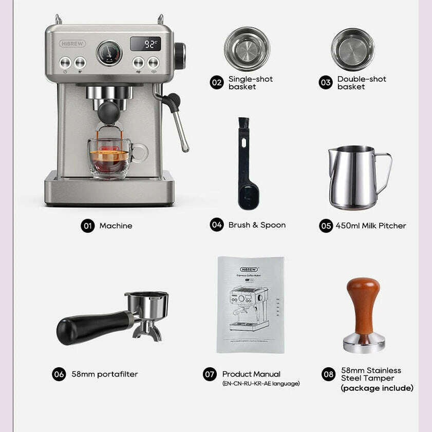 HiBREW 20Bar Semi Automatic Espresso Coffee Machine Temperature Adjustable 58mm Portafilter Cold/Hot Coffee Maker Metal CaseH10A