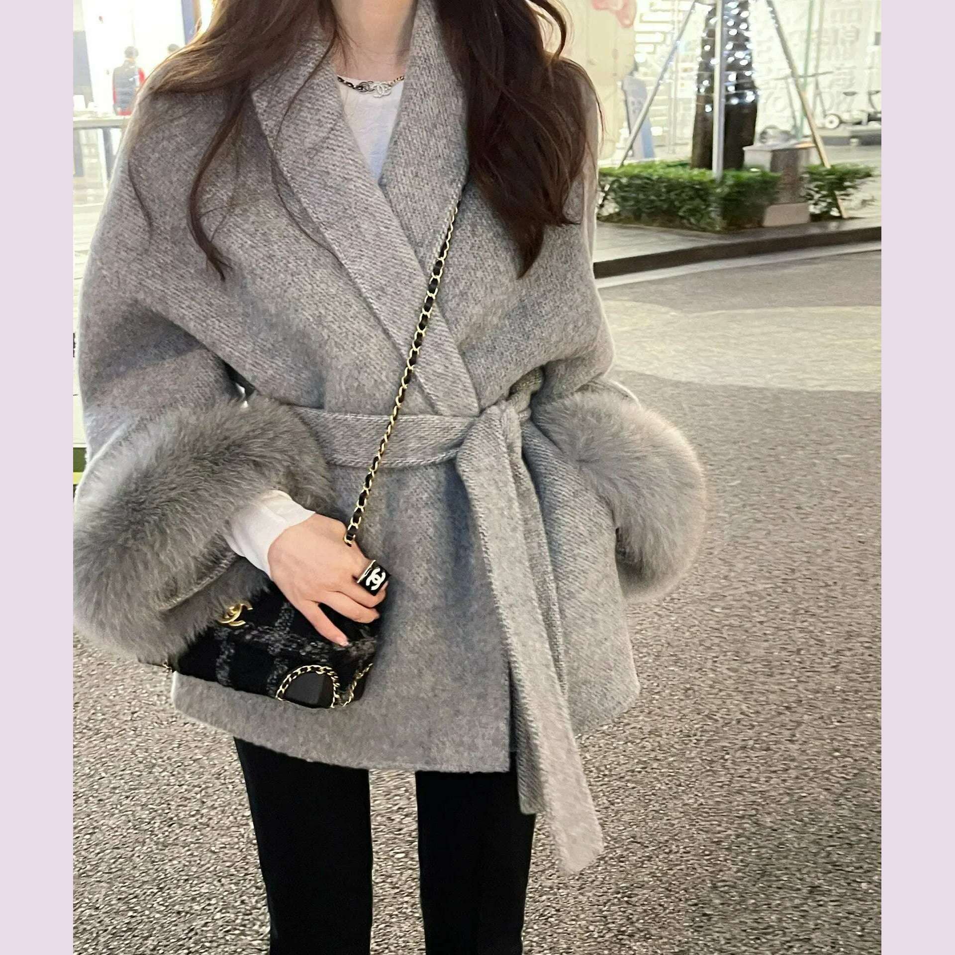 High End Double-sided Wool Strapping Real Wool Fur Coat Women's Removable Cuffs Fox Fur Temperament Cashmere Short Jacket