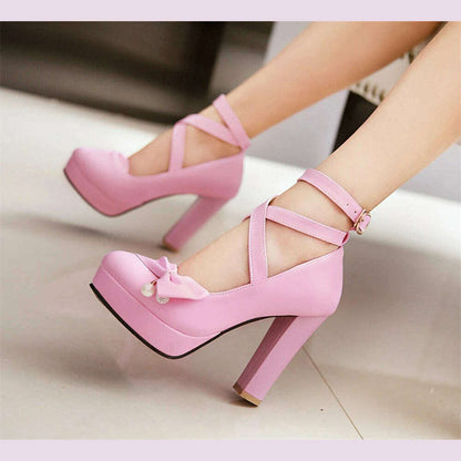 High Heels Women 2024 Trend Chunky Heels Platform Lolita Mary Jane Elegant Party Korean Shoes Dress White The Glossy Fashion