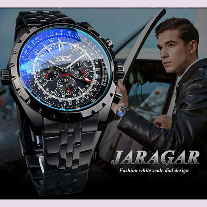 Jaragar Blue Glass Design Black Silver Automatic Watch Stainless Steel Date Clock Luminous Men Business Mechanical Wristwatch