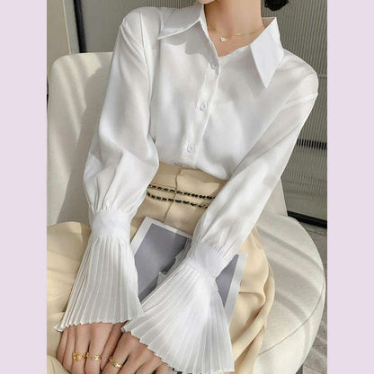 Jmprs Designed Women Flare Sleeve Women Shirts Office Ladies White Korean Fashion Fall Tops Elegant Button Up Female Shirt