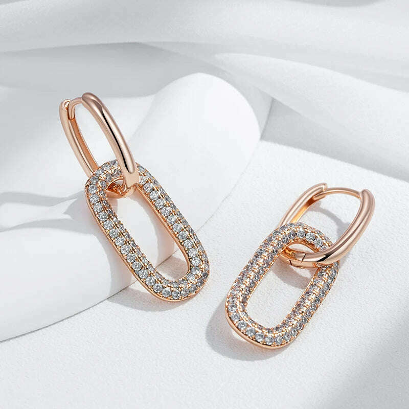 Kinel Geometric Oval Rectangle Full Natural Zircon Hoop Earrings For Women 585 Rose Gold Color Daily Fine Elegant Female Jewelry