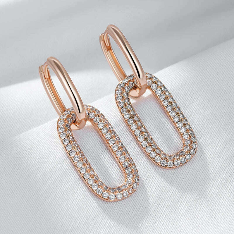 Kinel Geometric Oval Rectangle Full Natural Zircon Hoop Earrings For Women 585 Rose Gold Color Daily Fine Elegant Female Jewelry