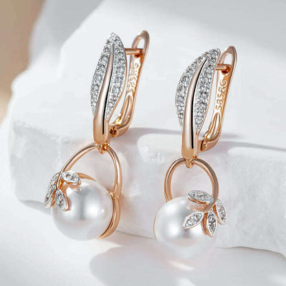 Kinel Hot Fashion Crystal Flower Pearl Drop Earrings for Women 585 Rose Gold Silver Color Mix Boho Ethnic Wedding Jewelry Gift