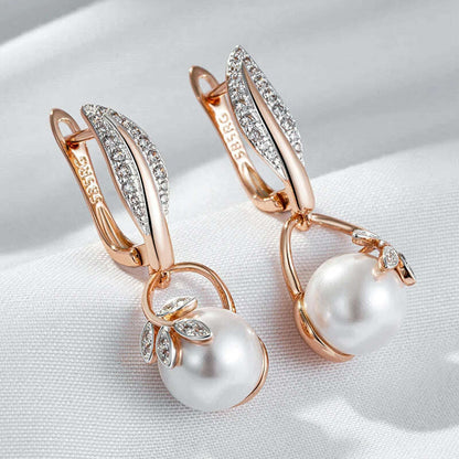 Kinel Hot Fashion Crystal Flower Pearl Drop Earrings for Women 585 Rose Gold Silver Color Mix Boho Ethnic Wedding Jewelry Gift