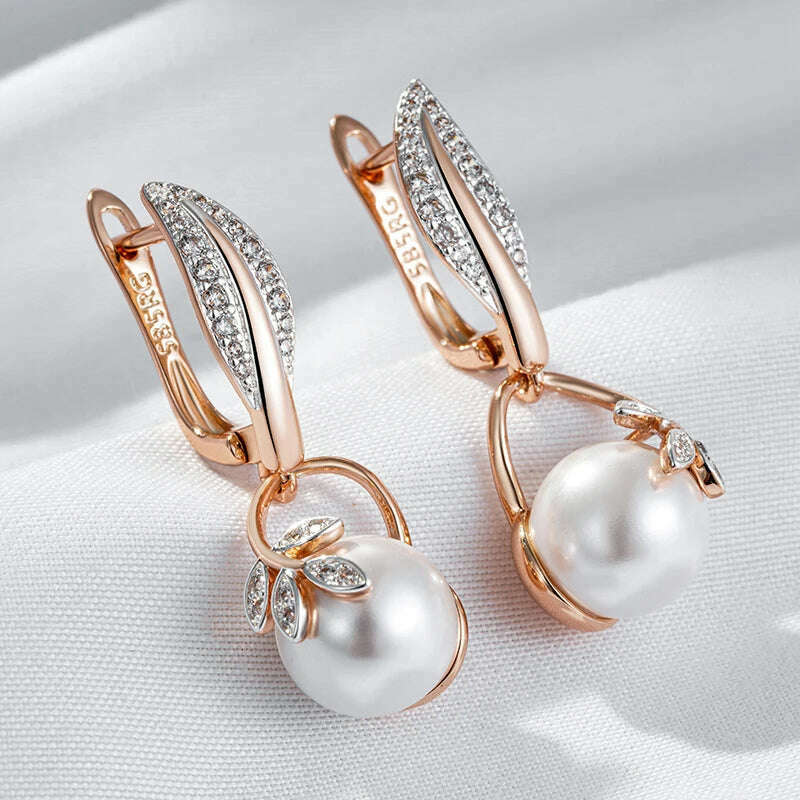 Kinel Hot Fashion Crystal Flower Pearl Drop Earrings for Women 585 Rose Gold Silver Color Mix Boho Ethnic Wedding Jewelry Gift