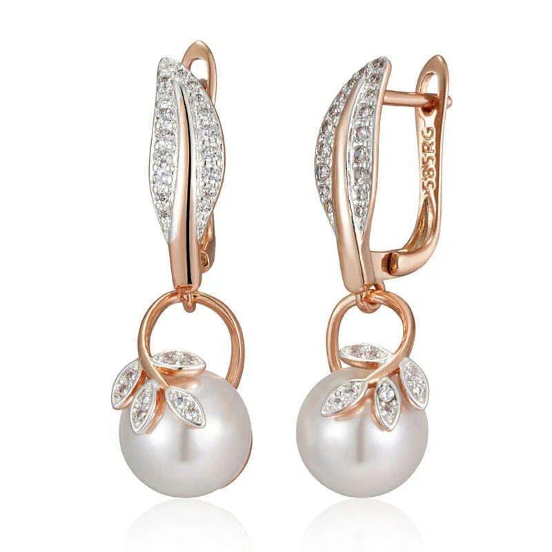 Kinel Hot Fashion Crystal Flower Pearl Drop Earrings for Women 585 Rose Gold Silver Color Mix Boho Ethnic Wedding Jewelry Gift