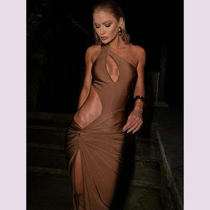 kliou Hollow Women Dresses Sexy Shirring Chic Cut Shape Incline Shoulder Solid Side Split Bodycon Midnight Party Clubwear Robe